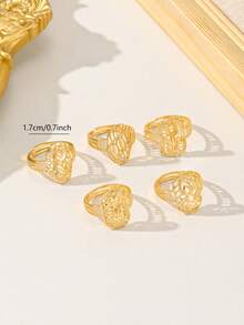 5Pcs 24K Gold Plated Hollow Filigree Open Ring Set, Vintage Floral Leaf Wide Statement Rings, Non Tarnish Hypoallergenic Women Stacking Jewelry - Gold - View 2