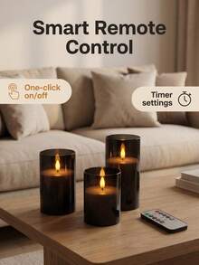 3pcs Grey Flameless Candles, Battery Operated With Remote Timer, Real Wax LED Pillar Candles, Flickering Flame, Warm Glow, Fading Effect, Suitable For Wedding And Home Decor - 黑色 - 查看 1