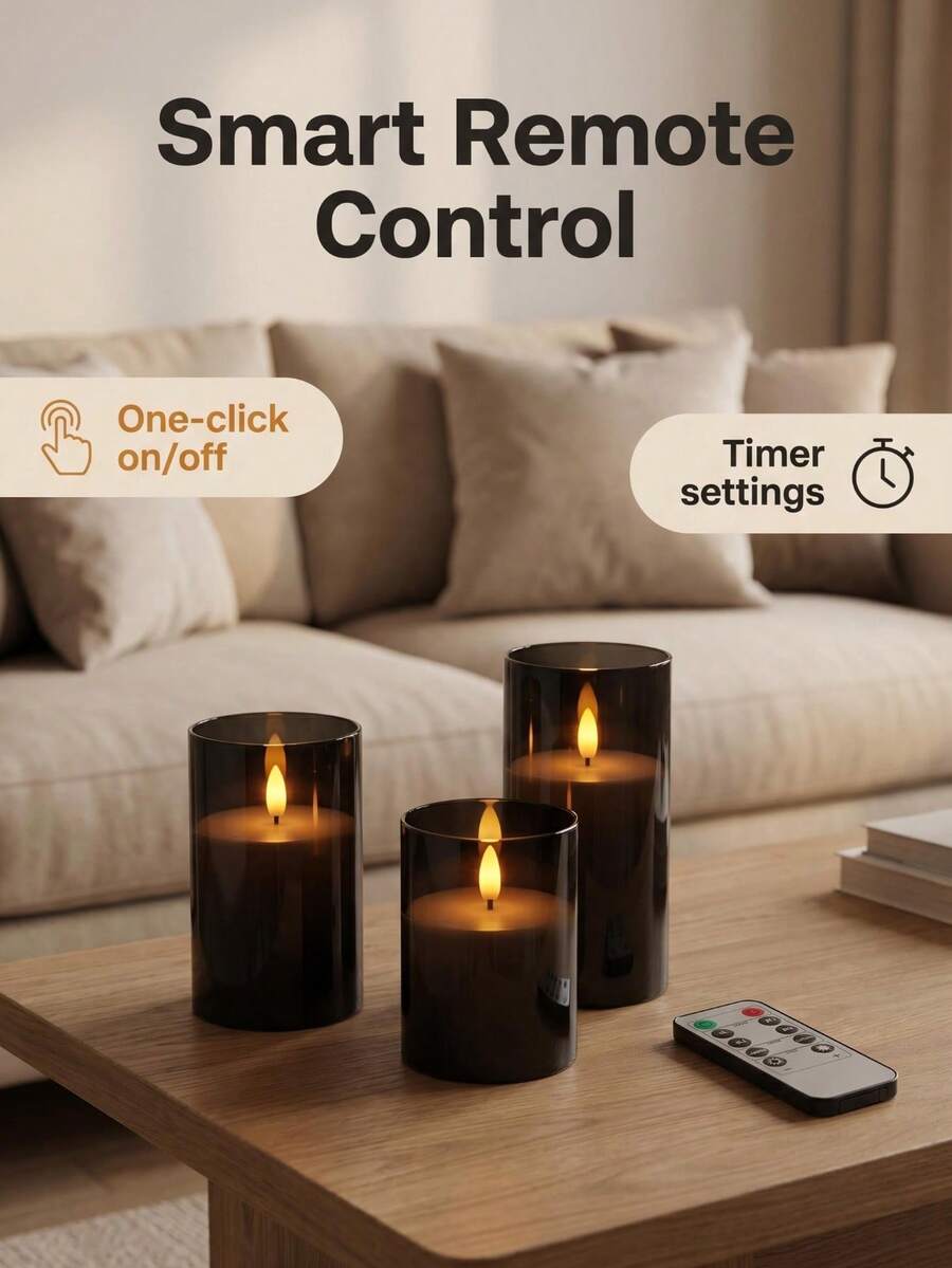 3pcs Grey Flameless Candles, Battery Operated With Remote Timer, Real Wax LED Pillar Candles, Flickering Flame, Warm Glow, Fading Effect, Suitable For Wedding And Home Decor - 黑色 - 查看 1