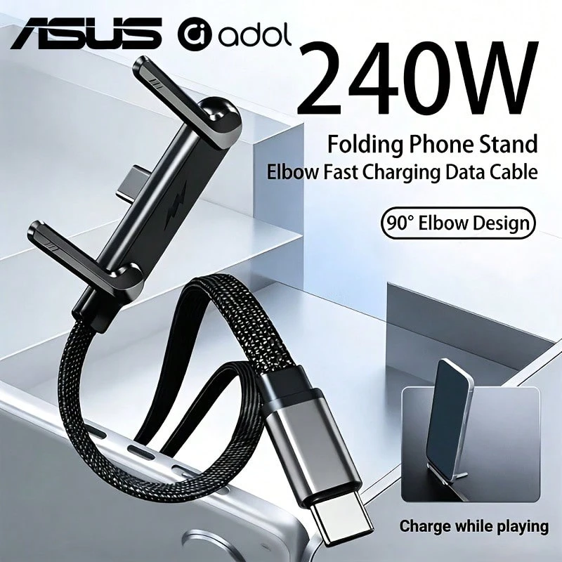 ASUS 240W Foldable Stand Type-C Cable, Built-In Phone Stand. Comes With A 90° Angled Plug, Supporting 360° Rotation And Multi-Angle Adjustment,Braided Fast Charging Cable With Multi-Function Holder, Compatible With IPhone 15-17 ProMax, IPad, Tablet, Designed Specifically For Gaming, It's The Perfect Easter Gift To Give To A Friend.