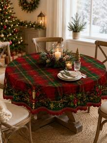1pc Traditional Red & Green Plaid Holly Print Round Tablecloth, Suitable For Holiday Party Decor, Home Decor, Room Decor, Garden, Kitchen, Country Farmhouse Style Dining, Christmas Dinner And Family Celebration - Multicolor - View 8