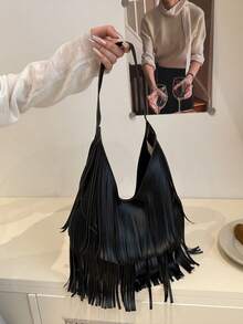 1pc Solid Color Suede Fringe Shoulder Bag, Retro Fashion Large Capacity Commuter Bag, High-Quality Stylish Shoulder Bag - Black - View 5