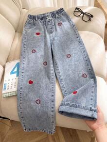 Tween Girls Heart Embroidered Elastic Waist Wide Leg Jeans Loose Straight Denim Pants Cute Casual Everyday Outfit - Light Wash - View 1
