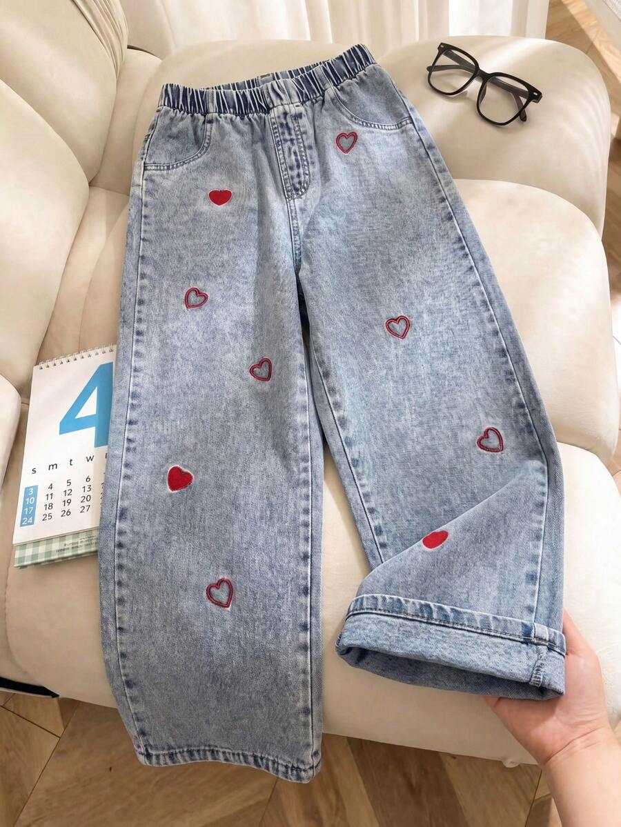 Tween Girls Heart Embroidered Elastic Waist Wide Leg Jeans Loose Straight Denim Pants Cute Casual Everyday Outfit - Light Wash - View 1