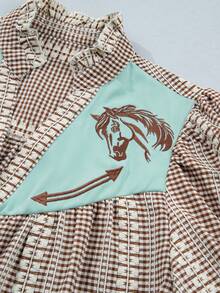 Acelitt Retro Western Karo-Pferdekopf-Stickerei mit kontrastierendem Schulterdesign und gekerbtem V-Ausschnitt, Prinzessinnenärmel, Damen lässig Top für den Sommer - Verschiedenfarbig - Übersicht 6