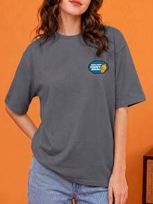 SHEIN | Garfield Women's Dark Grey Double Sided Tee, Front Small Chest Patch Logo Back Funny Overweight Undertall Badge Print Loose Short Sleeve - Grey - View 2