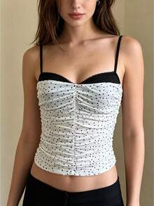 Womens Summer Camisoles Spaghetti Strap Ruched Front Dot Print Contrast Trim Backless Stylish Slim Fit Tank Tops - White - View 1