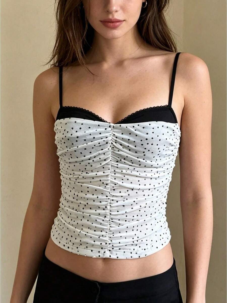 Womens Summer Camisoles Spaghetti Strap Ruched Front Dot Print Contrast Trim Backless Stylish Slim Fit Tank Tops - White - View 1