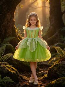 Young Girls Green Cap Sleeve Fairy Tulle Princess Dress, Elegant And For Party - Green - View 2