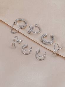 7Pcs Silvery Ear Cuff Set For Women, Dainty CZ Cross Chain Non-Piercing Ear Cuffs, Fake Cartilage Earrings For Multiple Piercings Jewelry Gift - Silver - View 4