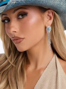 European & American Vintage Faux Turquoise Tassel Earrings For Women, Bohemian Western Cowboy Style Long Dangle Earrings, Personalized Exaggerated Distressed Metal Music Festival Party Ear Jewelry - Turquoise Tassel Earrings - View 2