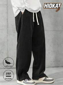 Men's Elastic Waist Corduroy Pants, Fashion Drawstring Straight Leg Casual Sweatpants For Spring And Autumn Black Sports - Black - View 2