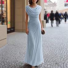 Vestido largo plisado con cuello drapeado, elegante y ajustado, estilo europeo y americano 2026 - Rojo - Ver 10