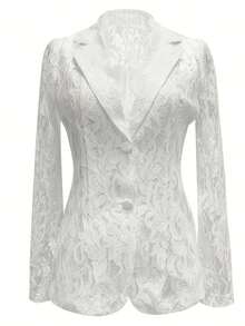 Women's Elegant Semi-Sheer Lined Blazer Jacket, Spring/Summer Hollow Out Lace Blazer Jacket - White - View 4
