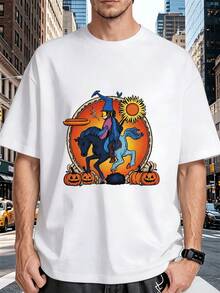 Men's T-Shirt With A Witch And Horses Print On A Full Moon, Festive Mexican Halloween Style, Whimsical Design With Glittery Pumpkins, Ideal For Fall Parties, Day Of The Dead, And More. - 白色 - 查看 1