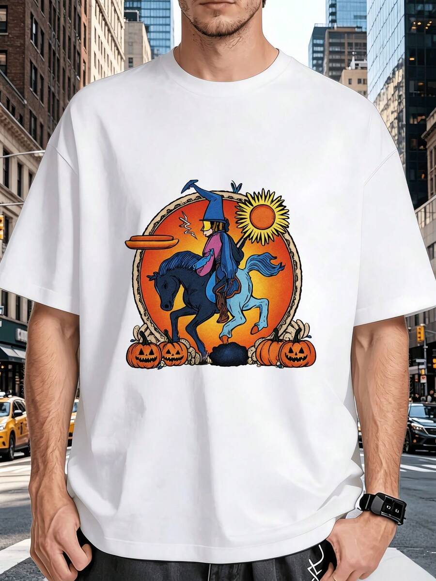 Men's T-Shirt With A Witch And Horses Print On A Full Moon, Festive Mexican Halloween Style, Whimsical Design With Glittery Pumpkins, Ideal For Fall Parties, Day Of The Dead, And More. - 白色 - 查看 1