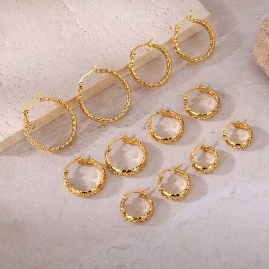 1pair French Vintage Stainless Steel Twist Hoop Earrings Textured Braided Wheat Ears Huggie Hoops Tarnish Free Waterproof Gold Jewelry Gift For Her - Gold - View 1