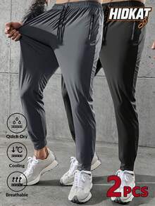 2pcs Men's Fashionable Loose Fit Sports Pants, With Zipper Pockets, Ice Silk Stretchy Quick-Dry Long Trousers, Suitable For Hiking, Jogging, Cycling, Outdoor Fitness, Reflective Design Spring - Grey - View 2