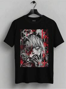 Anime T Shirt - Harajuku Manga Style,Horror Japanese Streetwear&Gothic Clothing,Breathable, Lightweight, And Casual2026New T Shirt,Breathable Stretch Fabric,Suitable For Casual Wear In Summer,Machine Washable,Suitable For Outdoor And Home Wear,T Shirt,Pattern Printing,Comfortable Fabric. - Black - View 1