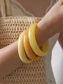 3pcs/Set Bohemian Style Asymmetrical Resin Unique Design Bracelets, Fashionable Versatile, Suitable For Women's Daily Commute, Travel, Vacation, Can Be Layered, Gift For Friends - Yellow - View 2