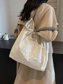女款手提托特包，大容量防水絲綢布料刺繡托特包，獨特圖案，便攜式單肩托特包 - 白色 - 查看 6