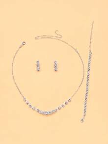 outingfit 4pcs V-Shaped Rhinestone Jewelry Set Bridal Accessories Banquet Minimalist Naked Diamond Necklace Set For Women Summer - Silver - View 2