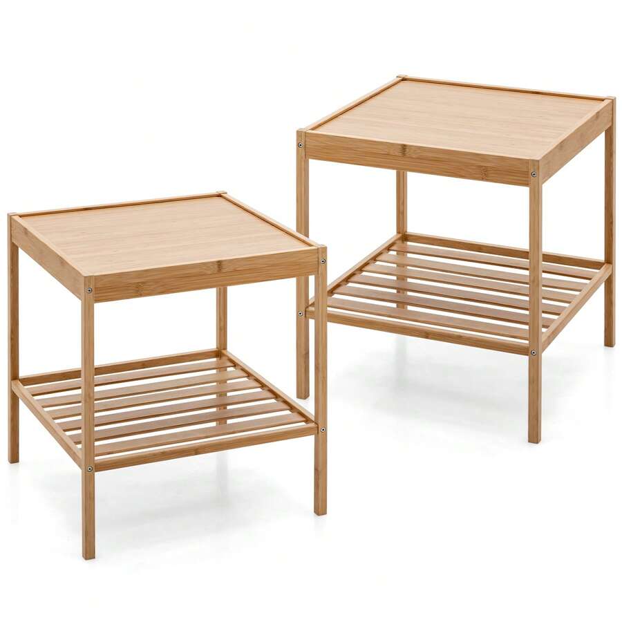 2 Pack Bamboo Compact Nightstand 2-Tier Side Table With Bottom Shelf Square End Table For Small Space Living Room Bedroom - Caqui - Ver 1