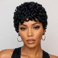 Black Curly Wig Pixie Cut Wig Human Hair Wigs Women's Short Hair Wig Elegant Design 4 Inches Elastic Mesh Cap Suitable For All People - Natural Black - View 9