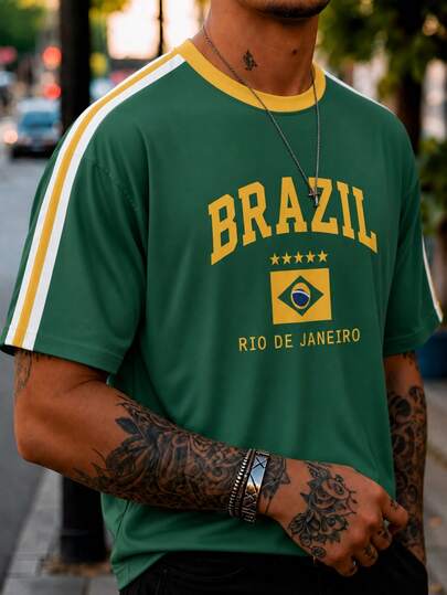 Fractyr Men's Brazil Rio De Janeiro Flag Letter Print Colorblock T-Shirt, Yellow & Green Crew Neck Short Sleeve Striped Casual Top