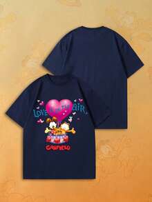 SHEIN | Garfield 女款海軍藍短袖T恤，愛心熱氣球與Odie LOVE IS IN THE AIR卡通印花，寬鬆休閒情人節上衣 - 藏蓝色 - 查看 5