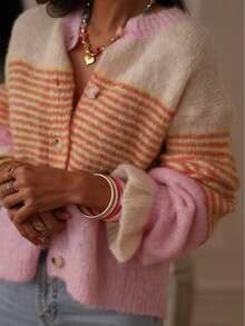 Early Autumn New Striped Colorblock Cardigan Sweater, Loose Straight Silhouette Niche Style Outerwear Fall - Hot Pink - View 9