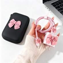 6件組 3D蝴蝶結充電器保護套組，包含數據線保護套/充電頭外殼/線材夾與收納袋，黑色便攜硬殼可收納全套配件，適用 Apple 18/20W 快充保護與收納，適合學生日常通勤，多功能數位裝飾禮物送給閨蜜甜美女孩 - 彩色 - 查看 2