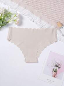 Secret Verse 1Pc Women Solid Black Scalloped Edge Seamless Low Rise Thong, Smooth Invisible Soft Stretch Daily Underwear - Apricot - View 5