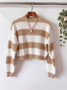 Women's Ribbed Striped Sweater With Dropped Shoulders, Round Neck And Long Sleeves, Cropped Style For Autumn. - Beis - Ver 4