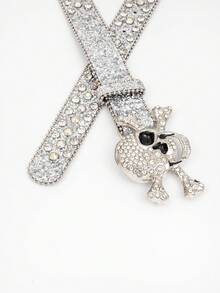 1 pieza Cinturón de hombre estilo punk rock Y2K de mezclilla plateada con hebilla de metal de calavera, strass y tachuelas láser, accesorio versátil para jeans y uso diario - Plateado - Ver 4