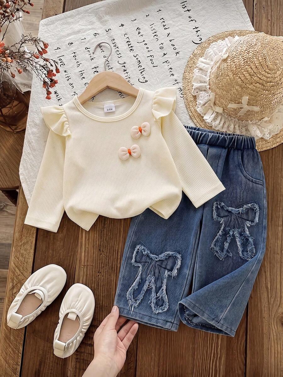 Baby Girl Bohemian Style 2-Piece Set: Sweet 3D Bow Waffle Knit Ruffle Trim Long Sleeve Top + Bow Patch Denim Straight Leg Pants Spring/Autumn Outfit - Apricot - View 1