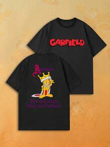 SHEIN | Garfield 女款黑色雙面印花T恤，皇冠卡通貓復古文字印花，寬鬆短袖，適合街頭旅遊日常穿搭女孩休閒造型 - 黑色 - 查看 5