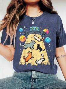 Adorable Cat Print, Comfortable, Soft, Elegant, Vintage, Casual, Versatile For Parties, Available In Sizes S-XXL, Suitable For Spring, Summer, Autumn And Winter, Sporty Style KWCN - 米色 - 查看 1