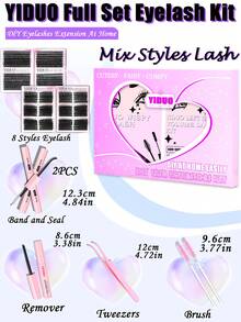 YIDUO 980pcs 6-Style Mixed Cluster Eyelash Extension Set, 80D-300D Pointed Base Dense D-Curl Lashes 5-20mm, Complete DIY Kit With 2 Bottles Of Adhesive & Sealer, Remover, Tweezers And Brush, Suitable For Home Use - Multicolor - View 2