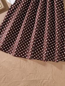 Left Mama Girls Elegant Bowknot Long Sleeve Top & Polka Dot Spaghetti Strap Dress, Spring/Autumn - Brown - View 7