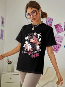 Camiseta feminina oversized G7110, estampa de letras e gatos, manga curta, blusa casual e moderna. Ideal para o verão. - Preto - Ver 3