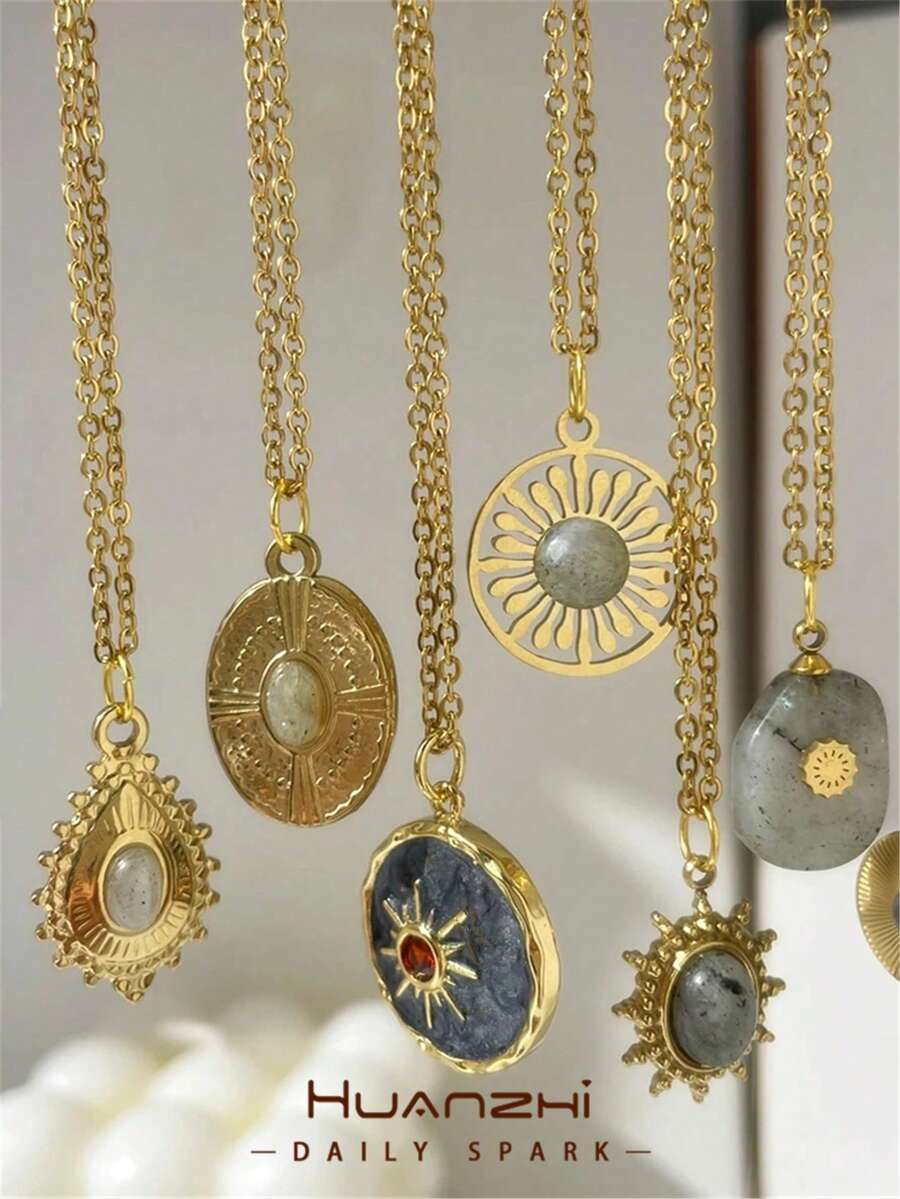 1件灰色天然石吊墜項鍊,金色太陽吊墜,復古不鏽鋼首飾,女性禮物,全新 - 彩色 - 查看 1