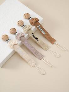 1pc Personalized Custom Embroidered Name Baby Pacifier Clip Wooden Anti-Lost Dummy Holder Chain Infant Soother Strap Newborn Baby Shower Gift - Multicolor - View 7