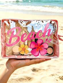 彩色透明化妝包－文具收納袋－印有 BEACH 字樣與花朵，防水透明旅行盥洗包附拉鍊，便攜式化妝收納袋，適合女性，可收納化妝品、盥洗用品與旅行必需品，適用於日常使用、度假、出差、健身、海灘，適合學生、旅行者與美容愛好者，適合夏季假期、生日與伴娘禮物，返校季禮物 - 彩色 - 查看 8