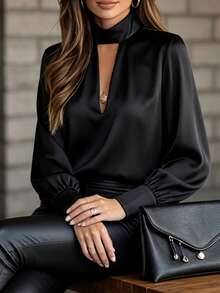 YI XUAN Women's Fashion Black Long Sleeve Blouse, Keyhole Neckline With Collar Detail, Elegant Woven Fabric, Suitable For Autumn, Winter, Summer Wear, Black - Black - View 5