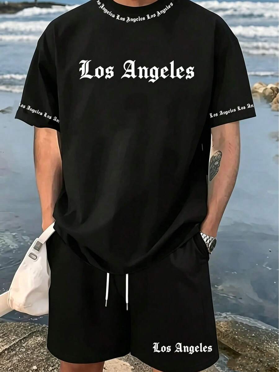 Men Plus Slogan Graphic Short Sleeve Tee & Shorts - Black - View 1
