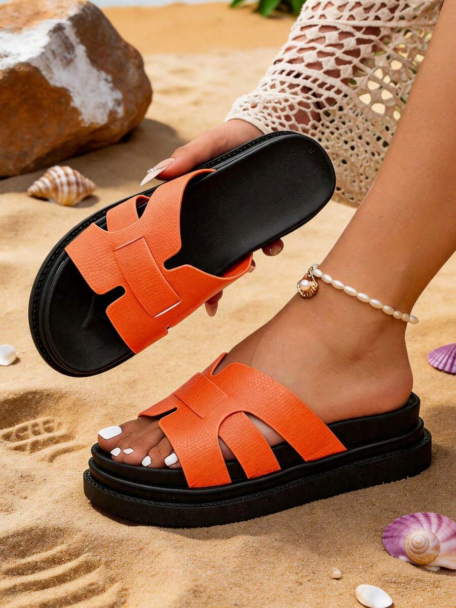 Spring/Summer New Buckle Thick Sole Open Toe Wedge Sandals Women's Casual Soft Bottom Versatile Beach Shoes - Coral Orange - View 1