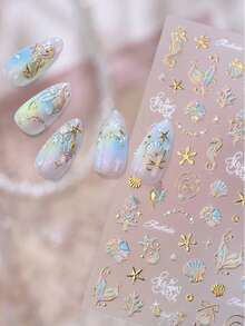 5D 浮雕美人魚尾貝殼美甲貼紙，全息金箔海洋海馬自黏美甲貼花，夏季海灘美人魚多巴胺美學 DIY 美甲裝飾，適用於夏季居家沙龍美甲與穿戴甲配件，1 張 - 金色 - 查看 7