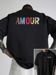 Camiseta de hombre con hombros caídos, AOUR, camiseta holgada para hombre con diseño de corazón en ambos lados, nueva ropa de hombre a la moda, una prenda esencial para hombre con diseño mo - Negro - Ver 1