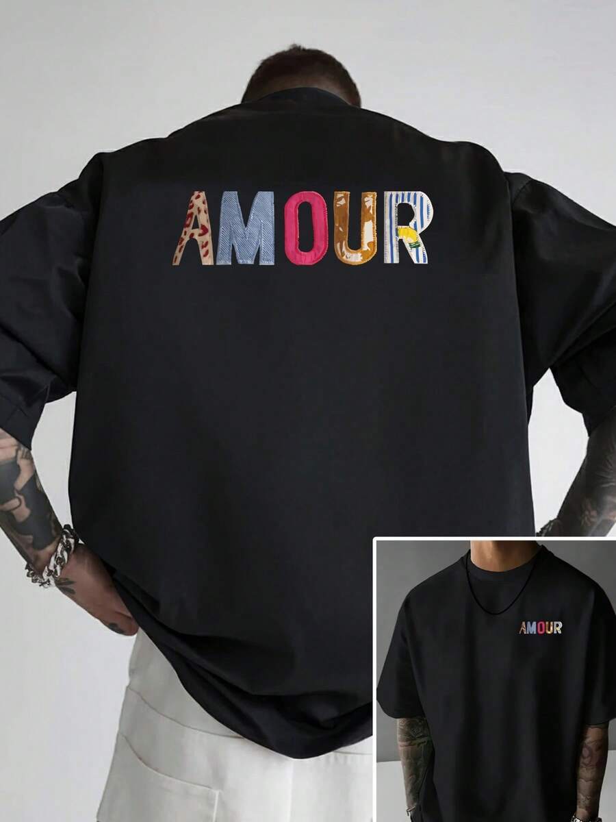 Camiseta de hombre con hombros caídos, AOUR, camiseta holgada para hombre con diseño de corazón en ambos lados, nueva ropa de hombre a la moda, una prenda esencial para hombre con diseño mo - Negro - Ver 1